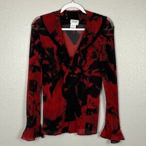 VTG Blushe Impressions Size 4 Nylon Black Red Floral Flared Long Sleeved Top